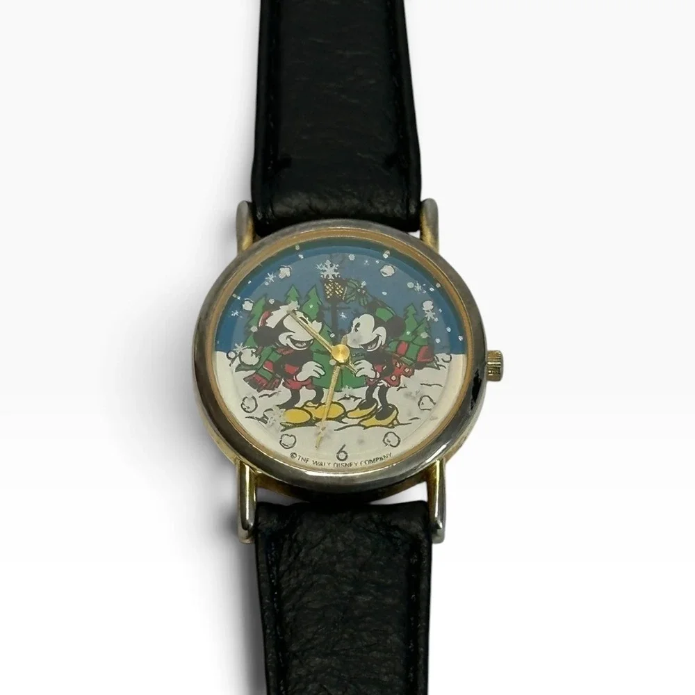 Vintage Disney Valdawn Mickey Minnie Christmas Watch Black Leather Tone